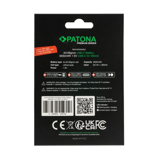 PATONA Premium USB-C 4x AA Micro Akku Li 3000mWh - Y kábellel (1410Y)