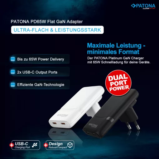PATONA Premium GaN PD65W Lapos Adapter 2xUSB-C PD3.0 QC3.0 (2595)