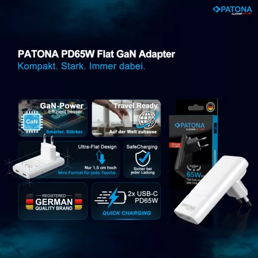 PATONA Premium GaN PD65W Lapos Adapter 2xUSB-C PD3.0 QC3.0 (2595)