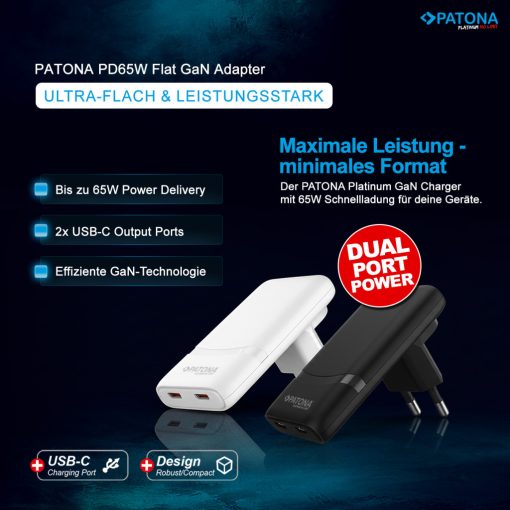 PATONA Premium GaN PD65W Lapos Adapter 2xUSB-C PD3.0 QC3.0 (2596) - Fekete