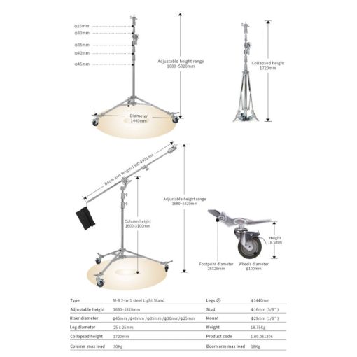 Jinbei 2 in 1 acél boom lámpaállvány (M-8) 530cm