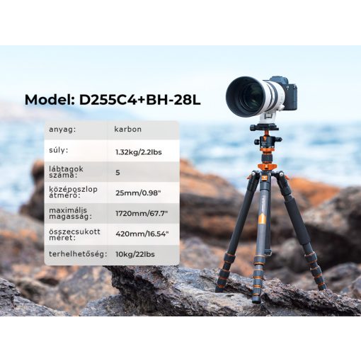 K&F Concept D255C4+BH-28L karbon állvány + monopod + telefon adapter, fekete-narancs (KF-09-093V2)