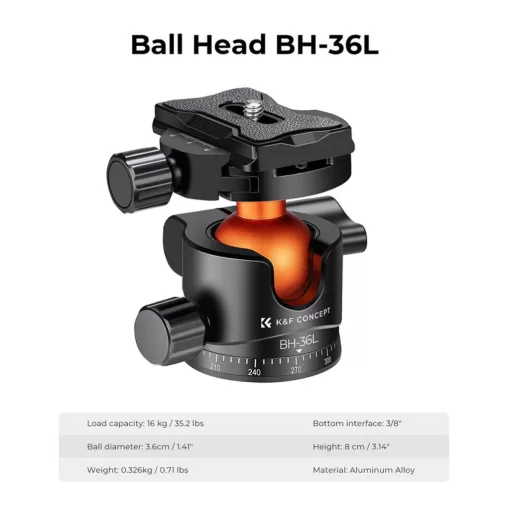 K&F Concept BH-36L állvány gömbfej, 16kg teherbírás, vízmérték, arca swiss, 3/8"-1/4" (KF-31-044V1)