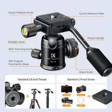 K&F Concept BH-26 állvány gömbfej karral, 26mm, 8kg teherbírás, vízmérték, arca swiss, 3/8"-1/4" (KF-31-049)