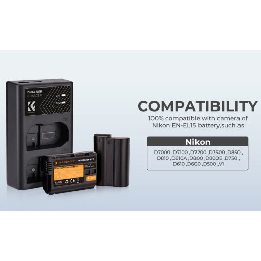 K&F Concept hordozható dupla MH-25 akkumulátor töltő, USB-C, 2db EN-EL15 akkumulátorhoz (KF-28-0006)