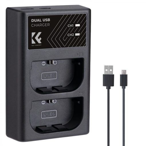 K&F Concept hordozható dupla LC-E6 akkumulátor töltő, USB-C, 2db LP-E6NH akkumulátorhoz (KF-28-0007)