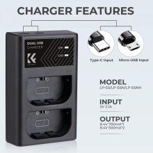 K&F Concept hordozható dupla LC-E6 akkumulátor töltő, USB-C, 2db LP-E6NH akkumulátorhoz (KF-28-0007)