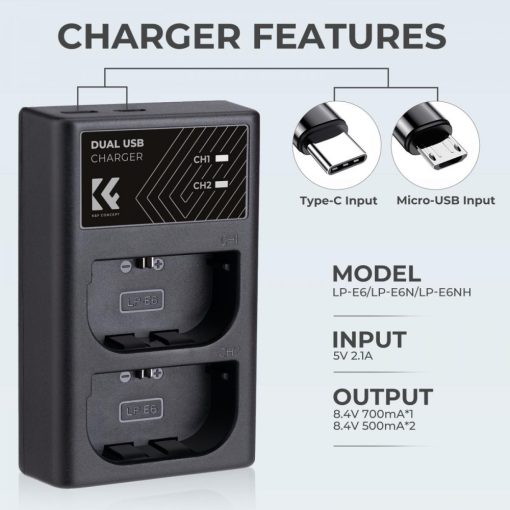 K&F Concept hordozható dupla LC-E6 akkumulátor töltő, USB-C, 2db LP-E6NH akkumulátorhoz (KF-28-0007)