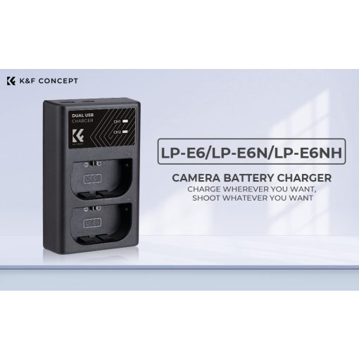 K&F Concept hordozható dupla LC-E6 akkumulátor töltő, USB-C, 2db LP-E6NH akkumulátorhoz (KF-28-0007)