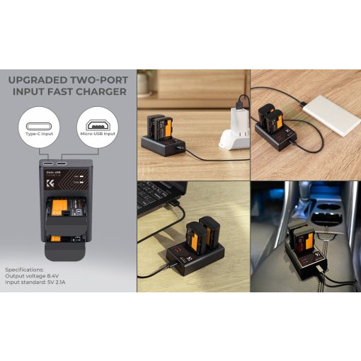 K&F Concept hordozható dupla LC-E6 akkumulátor töltő, USB-C, 2db LP-E6NH akkumulátorhoz (KF-28-0007)