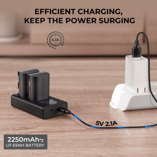 K&F Concept hordozható dupla USB-C akkumulátor LC-E6 töltő + 2db LP-E6NH akkumulátor 2250mAh (KF-28-0021)