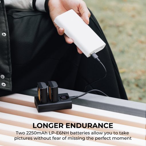 K&F Concept hordozható dupla USB-C akkumulátor LC-E6 töltő + 2db LP-E6NH akkumulátor 2250mAh (KF-28-0021)