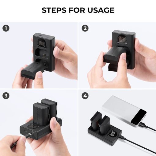 K&F Concept hordozható dupla USB-C akkumulátor LC-E6 töltő + 2db LP-E6NH akkumulátor 2250mAh (KF-28-0021)