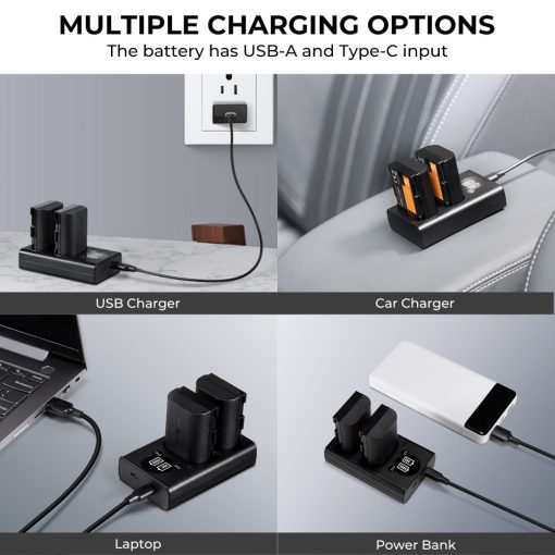 K&F Concept hordozható dupla USB-C akkumulátor LC-E6 töltő + 2db LP-E6NH akkumulátor 2250mAh (KF-28-0021)