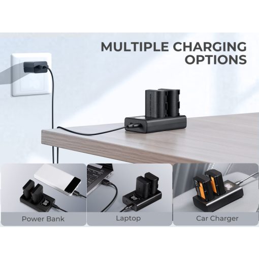 K&F Concept hordozható dupla USB-C akkumulátor LC-E6 töltő + 2db LP-E6NH akkumulátor 2250mAh (KF-28-0021)