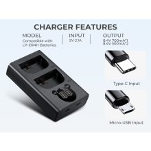 K&F Concept hordozható dupla USB-C akkumulátor LC-E6 töltő + 2db LP-E6NH akkumulátor 2250mAh (KF-28-0021)