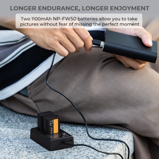 K&F Concept hordozható dupla USB-C akkumulátor BC-TRW töltő + 2db FW50 akkumulátor 1100mAh (KF-28-0015)