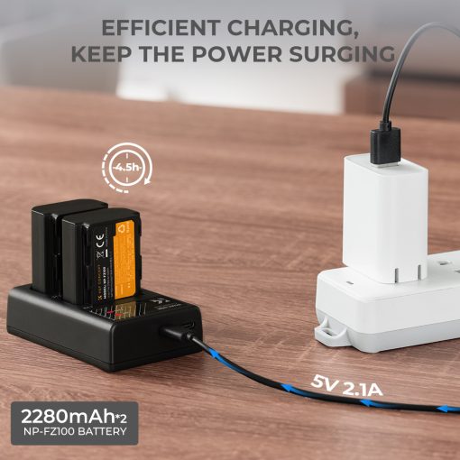 K&F Concept hordozható dupla USB-C akkumulátor BC-QZ1 töltő + 2db FZ100 akkumulátor 2280mAh (KF-28-0016)