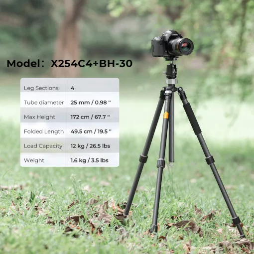 K&F Concept X254C4+BH-30 karbon állvány + monopod, 172cm magasság, 12kg teherbírás (KF-09-116)