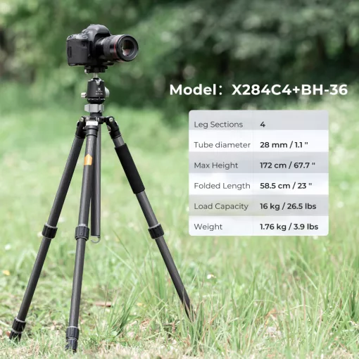 K&F Concept X284C4+BH-36 karbon állvány + monopod, 172cm magasság, 16kg teherbírás (KF-09-117)