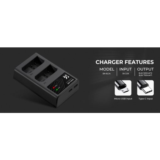 K&F Concept hordozható dupla USB-C akkumulátor MH-24 töltő + 2db EN-EL14 akkumulátor 1050mAh (KF-28-0020)