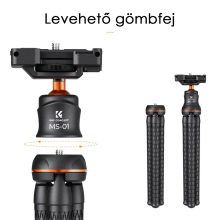 K&F Concept MS-01 hajlítható lábú állvány, gömbfejjel, bluetooth kioldóval (KF-09-129)