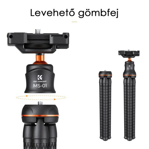 K&F Concept MS-01 hajlítható lábú állvány, gömbfejjel, bluetooth kioldóval (KF-09-129)