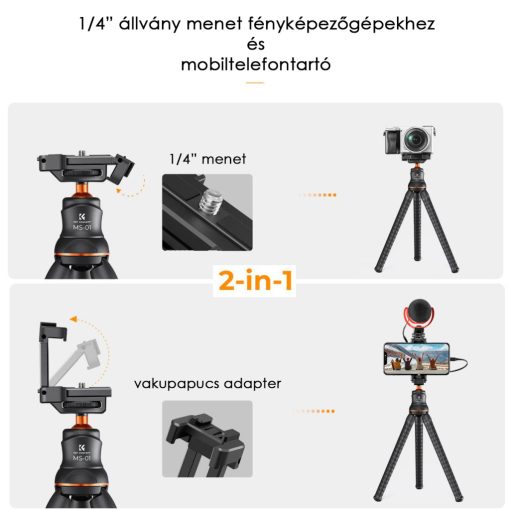 K&F Concept MS-01 hajlítható lábú állvány, gömbfejjel, bluetooth kioldóval (KF-09-129)