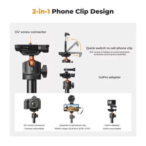K&F Concept MS08 állvány, selfie bot, gömbfejjel, Gopro adapter, telefon adapter, bluetooth kioldó (KF-09-127V1 - MS-08)
