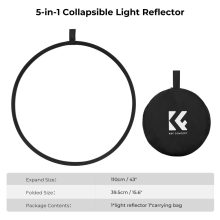 K&F Concept 5in1 derítőlap, reflektor, 56cm (fehér, fekete, arany, ezüst, transparens) + hordtáska (KF-18-0001)