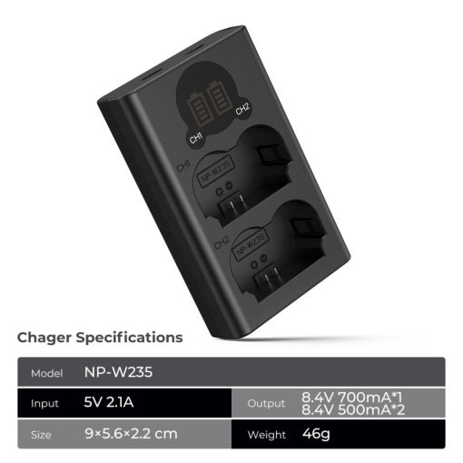 K&F Concept hordozható dupla NP-W235 akkumulátor töltő, LCD, USB-C, 2db NP-W235 akkumulátorhoz (KF-28-0019V1)