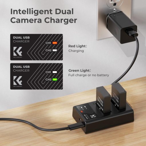K&F Concept hordozható dupla USB-C akkumulátor LC-E12 töltő + 2db LP-E12 akkumulátor 1100mAh (KF-28-0029)