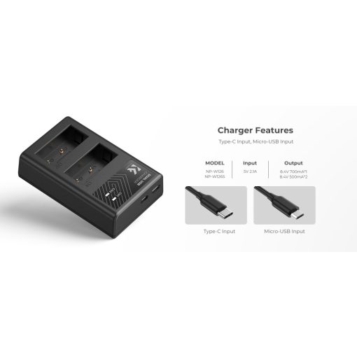 K&F Concept hordozható dupla USB-C akkumulátor BC-W126 töltő + 2db NP-W126 akkumulátor 1300mAh (KF-28-0030)