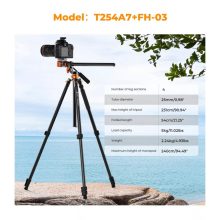 K&F Concept T254A7 + FH-03 videó állvány + monopod, elforgatható középoszloppal, fekete-narancssárga (KF-09-137)