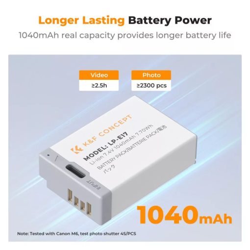 K&F Concept LP-E17 akkumulátor 1040mAh, USB-C csatlakozóval, 2db (KF-28-0049S1)