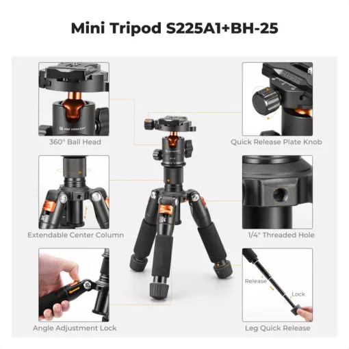 K&F Concept S225A1+BH-25 mini állvány, 52cm max magasság, 6kg teherbírás (KF-09-150)