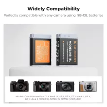 K&F Concept hordozható dupla USB-C akkumulátor CB-2LHE töltő + 2db NB-13L akkumulátor 1250mAh (KF-28-0043)