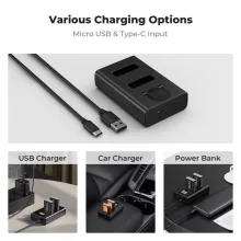 K&F Concept hordozható dupla USB-C akkumulátor CB-2LHE töltő + 2db NB-13L akkumulátor 1250mAh (KF-28-0043)