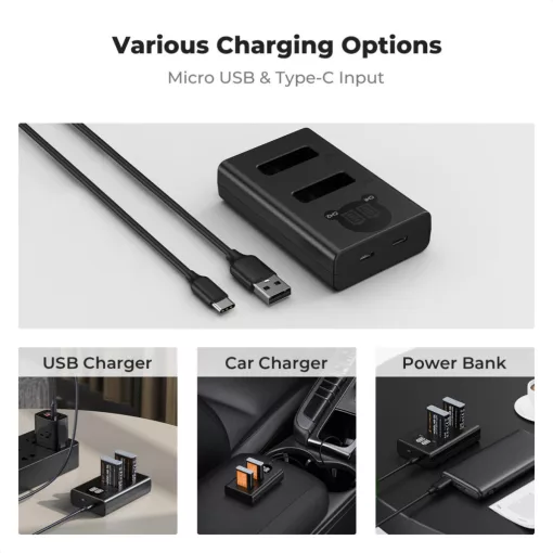 K&F Concept hordozható dupla USB-C akkumulátor CB-2LHE töltő + 2db NB-13L akkumulátor 1250mAh (KF-28-0043)
