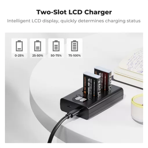 K&F Concept hordozható dupla USB-C akkumulátor CB-2LHE töltő + 2db NB-13L akkumulátor 1250mAh (KF-28-0043)