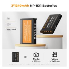 K&F Concept hordozható dupla USB-C akkumulátor NP-BX1 töltő + 2db NP-BX1 akkumulátor 1240mAh (KF-28-0044)