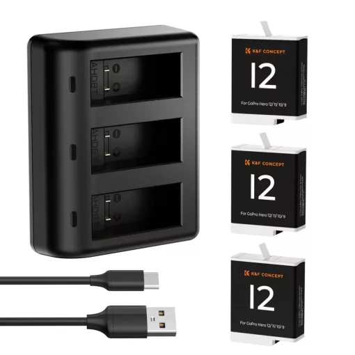 K&F Concept hordozható tripla USB-C akkumulátor töltő +3db GoPro Hero 12/11/10/9 akkumulátor 1730mAh (KF-28-0032V1)
