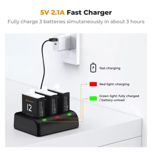 K&F Concept hordozható tripla USB-C akkumulátor töltő +3db GoPro Hero 12/11/10/9 akkumulátor 1730mAh (KF-28-0032V1)