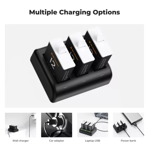 K&F Concept hordozható tripla USB-C akkumulátor töltő +3db GoPro Hero 12/11/10/9 akkumulátor 1730mAh (KF-28-0032V1)
