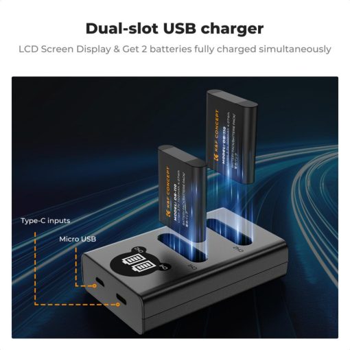 K&F Concept hordozható dupla USB-C akkumulátor BJ-11 töltő + 2db DB-110 akkumulátor 1100mAh (KF-28-0051)