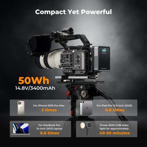 K&F Concept V-Mount Mini Pro akkumulátor, 50Wh, 3400mAh, 65W töltés, D-TAP, BP, DC, TFT kijelző KF28-0059