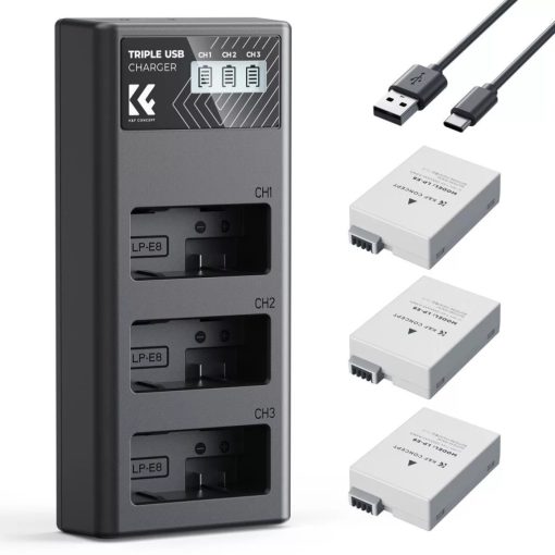 K&F Concept hordozható tripla USB-C akkumulátor LC-E12E töltő, LCD + 3db LP-E8 akkumulátor 1200mAh (KF-28-0099)