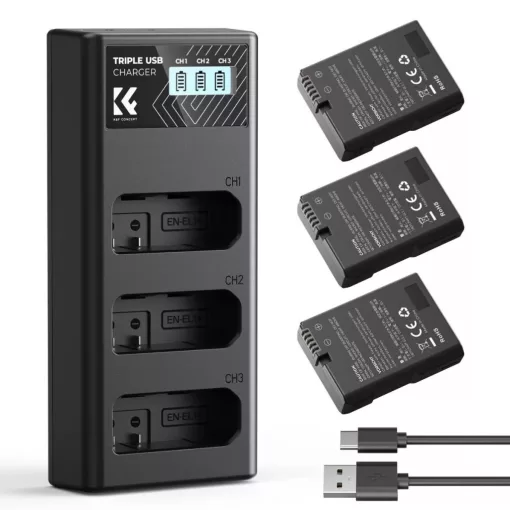 K&F Concept hordozható tripla USB-C akkumulátor MH-24 töltő, LCD + 3db EN-EL14 akkumulátor 1050mAh (KF-28-0100)