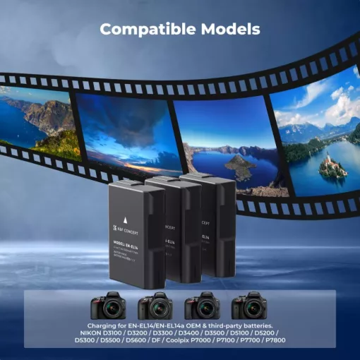 K&F Concept hordozható tripla USB-C akkumulátor MH-24 töltő, LCD + 3db EN-EL14 akkumulátor 1050mAh (KF-28-0100)