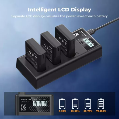 K&F Concept hordozható tripla USB-C akkumulátor MH-24 töltő, LCD + 3db EN-EL14 akkumulátor 1050mAh (KF-28-0100)